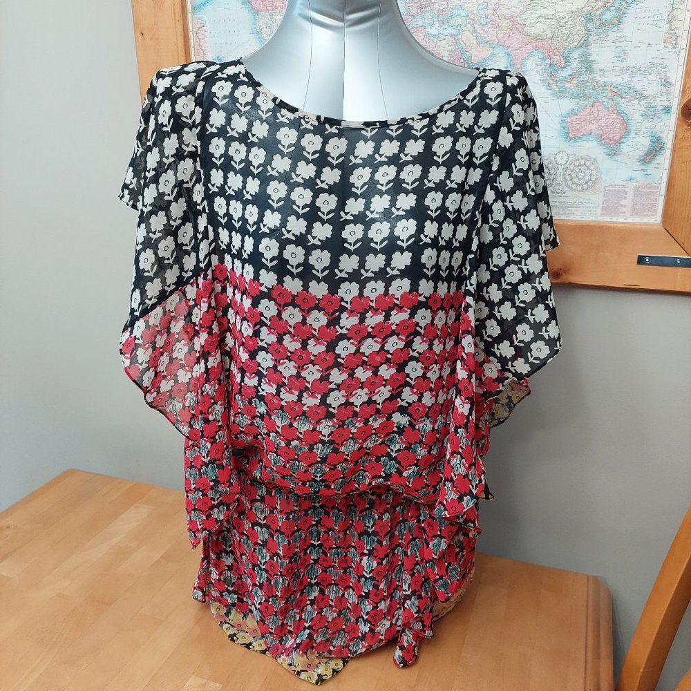 DKNYC Women Sheer Floral Pattern Tunic Blouse Elastic Waist Draped Sleeve Small